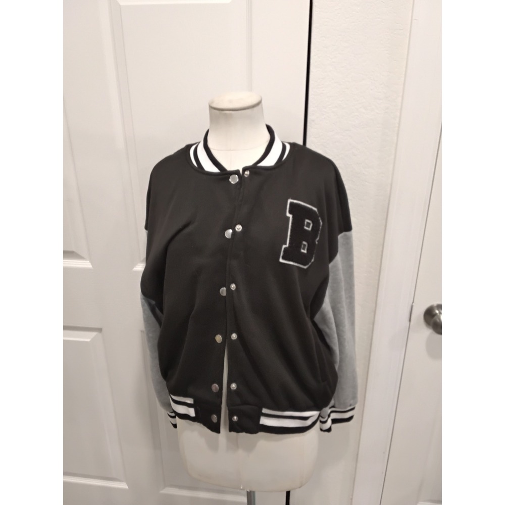 SHEIN Varsity Letterman Jacket Black Gray B Patch Snap Front Womens XL